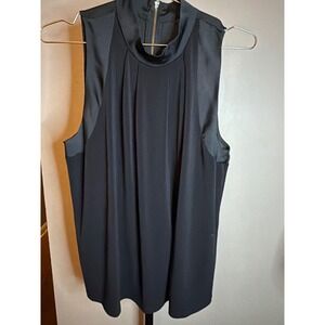 Ann Taylor Womens Black Mixed Media Mock Neck Sleeveless Blouse Gold Zip Medium